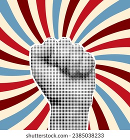Halftone collage banner, raised fist on a background of spirals in trendy retro colors. Protest concept, paper cut hand gesture, pop art poster.