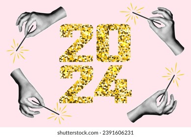 Halftone collage banner in retro style, hand holding sparkler, glitter inscription 2024.  Merry Christmas and Happy New Year