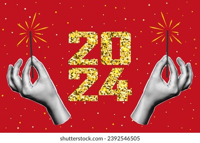 Banner de collage de media tonalidad en estilo retro, dos manos sosteniendo chispas, inscripción brillante 2024 en un fondo rojo. Afiche de Feliz Navidad y Feliz Año Nuevo, confetti.