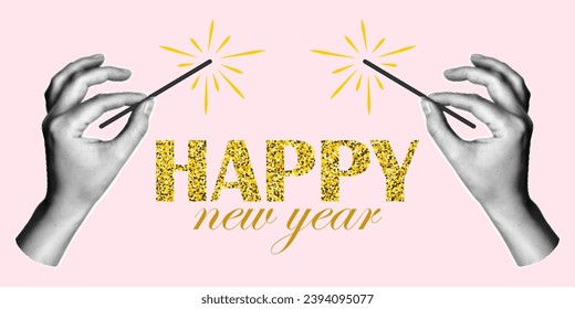 Halftone collage banner in retro style, two hands holding sparklers glitter inscription on a pink background. Merry Christmas and Happy New Year poster.