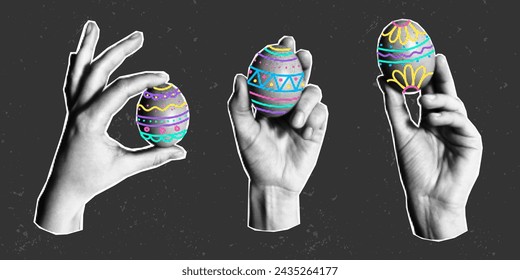Halftone collage banner, set of elements cut from a magazine on a dark textured background. Hands hold multi-colored neon painted Easter eggs. Line doodle, hand gesture.