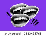 Halftone collage banner, smiling laughing mouths and exclamation marks on purple background. Newspaper cutout paper elements, statement, dialogue.