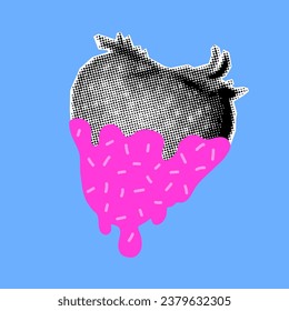 Halftone collage banner, strawberries on a blue background, pink icing and sprinkles. Magazine cut out element, pop art illustration, cute fruit.