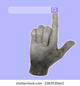 Halftone collage banner template, hand gesture pointing to search bar on purple background. Pop art illustration, internet search.