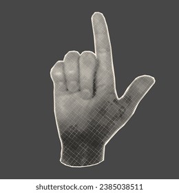 Halftone collage banner template with hand pointing up gesture on dark background. Index finger, paper cut element.