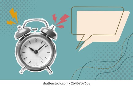 Halftone collage banner template with vintage alarm clock and empty speech bubble in retro comic style, ideal for pop art posters, announcements, messages and design layouts