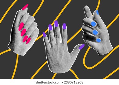 Banner de color de media tonalidad, tres gestos de mano diferentes con uñas de neón multicolor brillantes sobre un fondo oscuro. Elementos de doodle amarillo brillante, adorable manicura de diferentes formas.