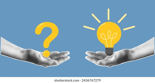 Halftone collage banner. Two hands cut out of paper, one holding a question mark, the other a light bulb. Question and answer, problem solving or business solutions concept.