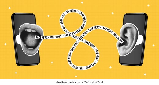 Halftone collage banner with two smartphones and mouth speaks into ear and strip with text - fake news. Halftone collage poster. Concept of fake news, disinformation or propaganda. Vector illustration