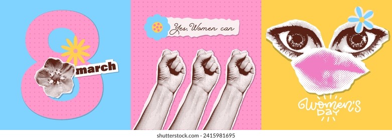 Halftone Collage banners set for International Women s day decoration. Trendy postcards with paper torn out flower, hands, eye and mouth stickers. y2k pop art greeting Card of fight for women s rights