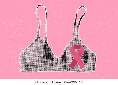 Halftone collage breast cancer awareness banner. Bra and pink ribbon, breast cancer symbol, pink october. svg