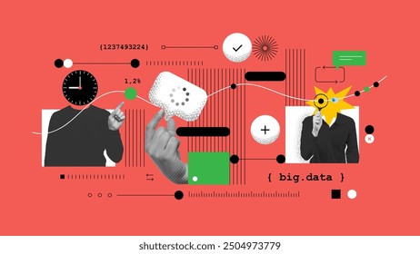 Halftone collage in bright colors. Data analytics or marketing seo optimization illustration concept with abstract infographics tabs and graphs. Vector illustration