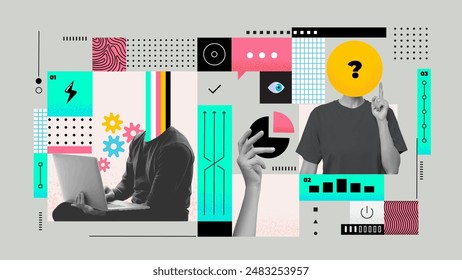 Halftone collage in bright colours. Data analytics or marketing seo optimization illustration concept with abstract infographics tabs and graphs. Vector illustration