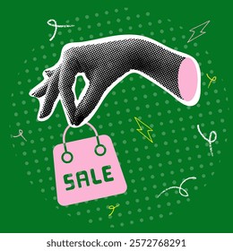 Halftone collage business design, big saledesign, development, bright black friday, retro sale. Hand with a discount, doodles, a lightbulb. Digital art concept. Pop art. Fully vector collage 