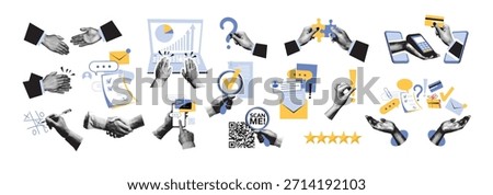 Halftone collage of business elements. Shaking hands, online credit card payments, multitasking, and management. Technology, startups, ideas, and teamwork concepts. Modern vintage vector illustration.