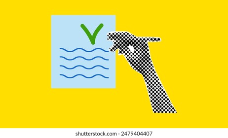 Halftone Collage business theme pop art style. Effect cut paper from newspaper. Hand puts jackdaw on sheet with pen. Design banner poster advertising materials. Vector illustration.