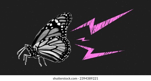 Halftone collage with butterfly. Doodle lightning bolts. Black grunge background.