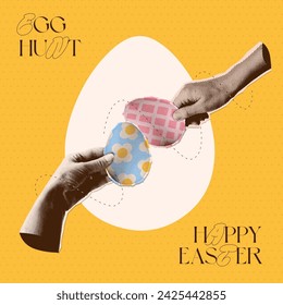 Halftone collage card design. Hands Knocking Easter Eggs. Fight game seasonal tradition. y2k vector illustration.