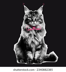 Halftone collage cat on black background with trendy doodle elements.Can be used for cat festival cards, dog food packages or toys. Vector.