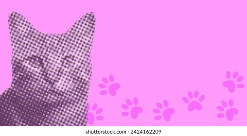 Halftone collage with a cat. Portrait of cats and cat paw prints. Vector illustration with vintage grunge punk cutout figures.