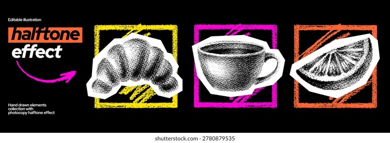 Halftone collage of coffee, croissant and lemon. Brunch food with tea or coffee cup, citrus slice, chocolate croissant sticker in frame. Сafe pop art, vintage cutout paper design. Dotted y2k elements