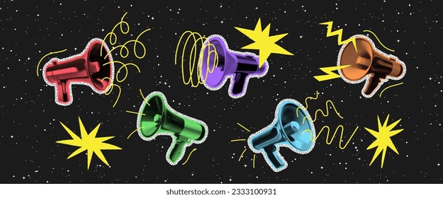 Halftone collage colorful cutouts of megaphones. Pop art dotted loudspeaker, sale icon. Vector illustration, grunge y2k punk crazy art loud speak horns conceptual elements for poster, banner