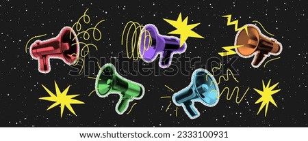 Halftone collage colorful cutouts of megaphones. Pop art dotted loudspeaker, sale icon. Vector illustration, grunge y2k punk crazy art loud speak horns conceptual elements for poster, banner