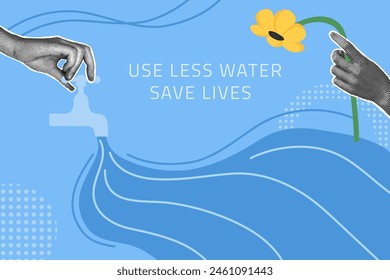 Halftone collage. Concept of environmental protection. World water day.Use less water, save lives. Vector illustration for postcard, invitation, web banner, social media banner.