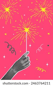 Half-tone collage. Concept of New Year celebration, fun. Human hand holding bengal lights. Vector illustration for postcard, invitation,web banner, social media banner, marketing material.