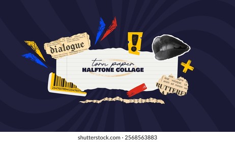 Halftone collage concept with torn paper and old vintage newspaper scraps. Retro modern vector illustration with funky and naughty elements on dark blue circus background.