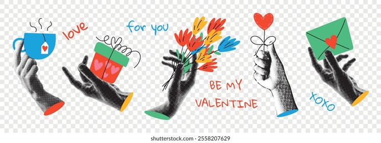 Halftone collage in contemporary mixed media style. Paper hands holding elements for Valentine's Day. Trendy  vector illustration. Concept of relationship, love, romance, valentine day.