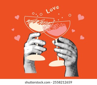 Halftone collage in contemporary mixed media style. Paper hands hold glasses of champagne. Trendy  vector illustration. Concept of relationship, love, romance, valentine day.