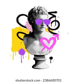 Halftone collage in contemporary punk grunge style. Modern poster with dotted ancient statue with spray paint brush strokes. Urban graffiti Concept of rebel, protest, anti establishment. Vector.