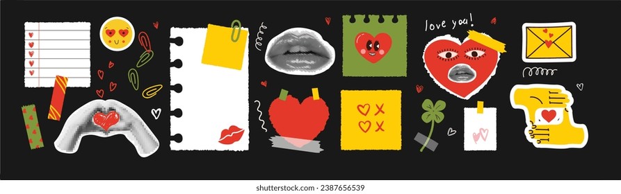 Halftone collage in contemporary punk grunge style. Modern vector poster with dotted elements - hand and heart, brush strokes, paper notes. Concept of relationship, love, romance, valentine day.