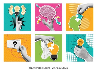 Halftone collage creative idea. Mixed media idea generation composition, pop art brain and problem solving solution concept vector illustration set