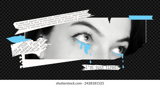 Halftone collage with a crying girl. Concept of poor mental health, depressive state and tiredness. Contemporary vector design with torn paper.