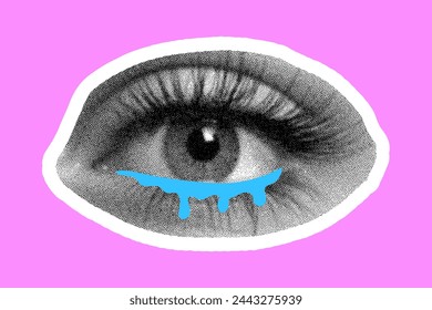 Halftone collage of a cut out eye from a magazine with drawn tears. Vector elements for collage and designs. The eye is filled with tears.