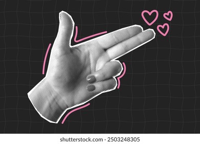 Collage de medio tono cortado en papel, gesto de la mano en forma de pistola. Doodle corazones de color rosa sobre un fondo oscuro.