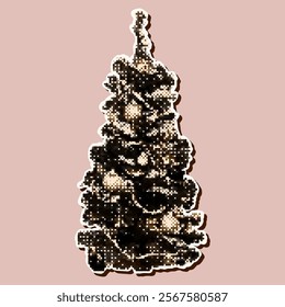 Halftone Collage Cutout Christmas Tree. Ripped torn paper sticker in retro vintage style. New Year Eve concept. Vector Illustration.