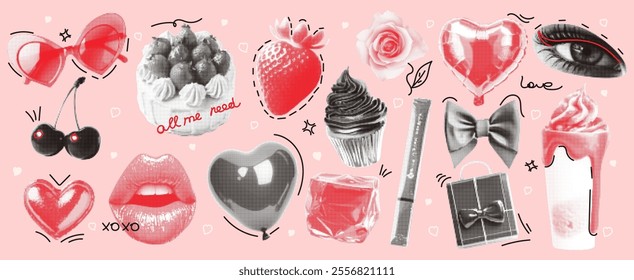 Halftone collage with cut-out elements in the form of a heart, eyes, mouth, lipstick, cupcake, cherry, rose. Vector illustration of a trendy vintage collage with doodles.