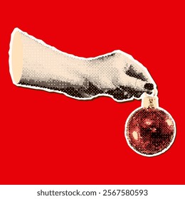 Halftone Collage Cutout Hand Holding Christmas Tree Red Glass Ball. Ripped torn paper sticker in retro vintage style. New Year Eve concept. Vector Illustration.