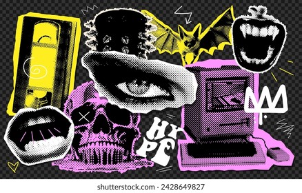 Halftone collage design elements set in trendy y2k magazine style. Retro pc, video cassette, melted skull, eye, screaming mouth, bat and rock spiked wristband. Vector vintage grunge punk cutout shapes