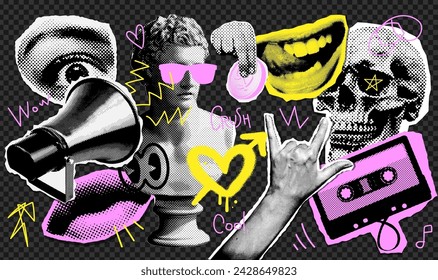 Halftone Collage design elements in trendy halftone collage magazine style. Cassette, statue, skull, megaphone, eye, mouth, rock hand. Vector y2k illustration with vintage grunge punk cutout shape.