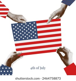 Halftone collage Diverse hands are holding one big flag of the United States of America. 4th of july independence day greeting card concept. Square banner template Isolated vector illustration