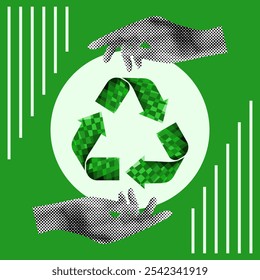 Collage de semitono con manos de efecto semitono y símbolo de reciclaje de poliéster bajo. Cartel ecológico en estilo geométrico minimalista de moda. Arte vectorial para el Diseño web de las redes sociales. 