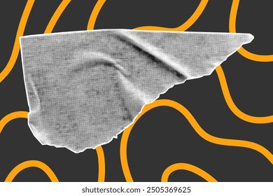 Halftone collage element isolated on dark background. Torn piece of paper tape with jagged edges. Cut and ripped sheet, yellow doodle lines, crumpled sticker.
