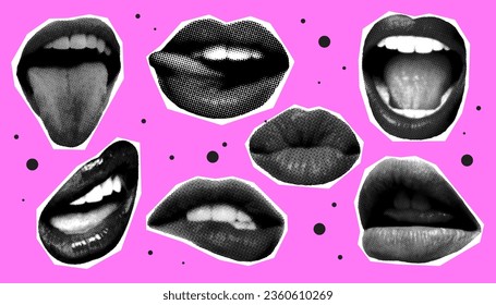 Halftone Collage element with mouth with tongue and doodle element. Template for banner, poster, card. Contemporary vector illustration.