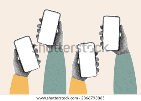 Halftone collage of elements, four hands holding smartphones. Banner in trendy retro style, pop art poster.