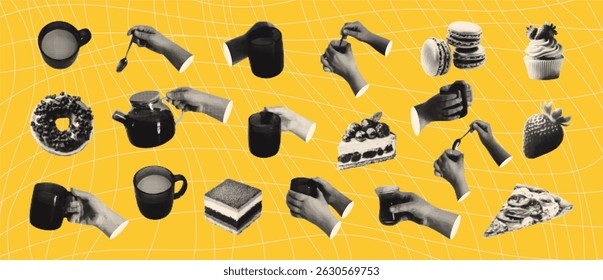 Halftone collage elements set. Hands holding cups coffee or tea, sweets with vintage dotted texture. The effect of grain and dotted lines. Modern vector illustration.