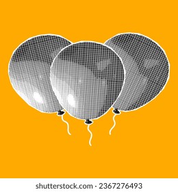 Halftone collage elements, three air balloons on a yellow background. Paper cut elements, advertising banner.